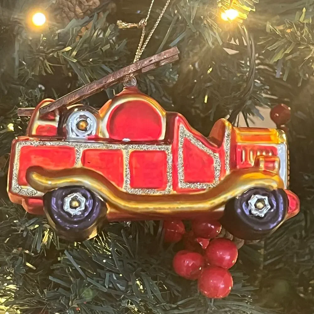Vintage-Style Glass Fire Truck Christmas Ornament